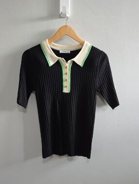 Found Black Ribbed Polo Top with Cream & Green Trim